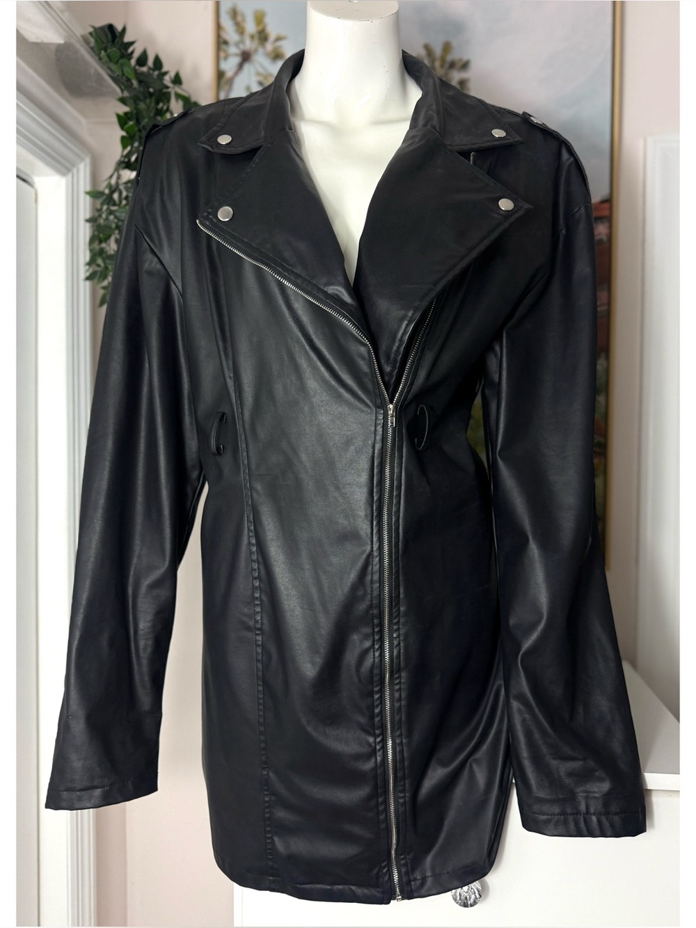 PrettyLittleThing Black Faux Leather Long Moto Jacket Padded Shoulders 12 Large